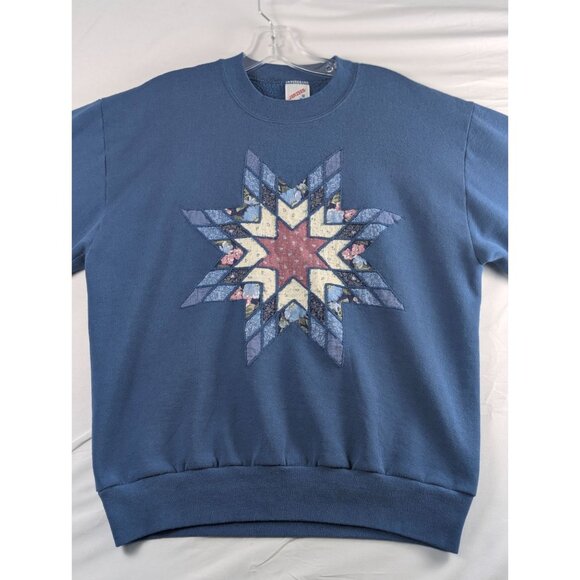 Vintage Jerzees Sweatshirt Womens M Blue Crew Snowflake Grannycore Cottagecore - Picture 1 of 8